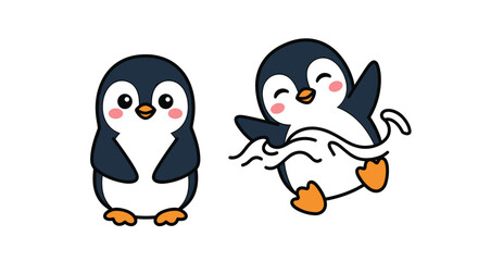 Cute Cartoon Penguins with Playful Expressions and Flippers. © Pasni