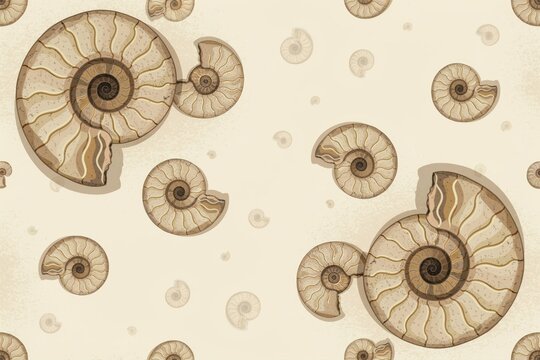 Seamless pattern featuring multiple brown ammonite fossils of varying sizes arranged on a light beige textured background surface