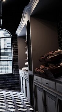 A bakery interior with shelves filled with various types of bread. A large window allows light to enter, highlighting the baked goods. The floor has a checkerboard pattern.