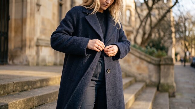 Woman fastening her navy blue wool coat while standing on stone steps outside a historic building