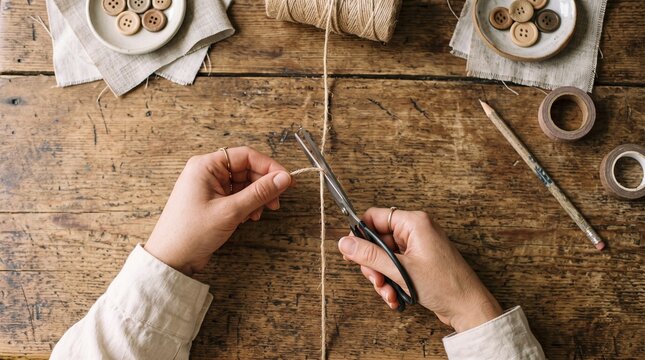Hands cutting twine with scissors on a rustic wooden table surrounded by craft supplies like buttons and tape