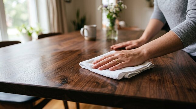 Person wiping a polished wooden dining table with a white cloth, close up on hands and surface