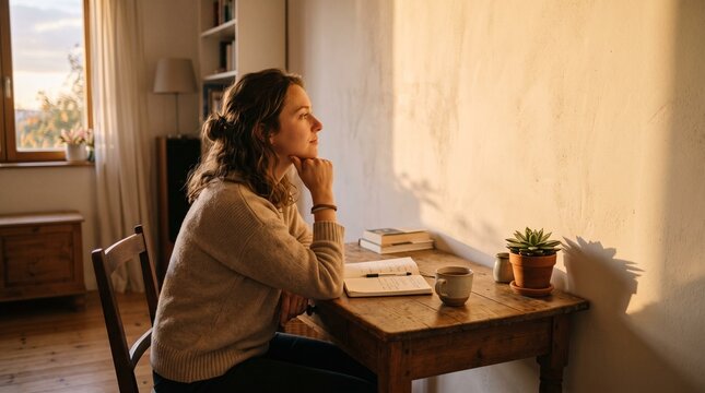 Young woman sitting at a wooden desk by the window, lost in thought during golden hour sunlight
