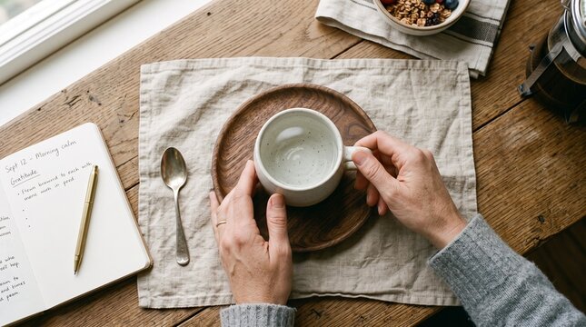 Person holding a mug at a wooden table with a journal and breakfast nearby