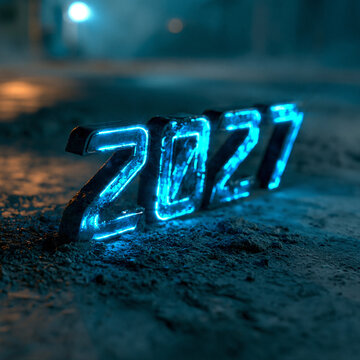Neon blue 2027 glowing numbers on dark ground with blue light, technology