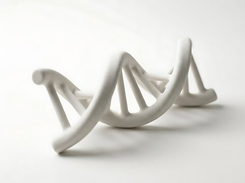 Minimalist white 3D DNA double helix model illustrating genetic structures and medical research on a clean background
