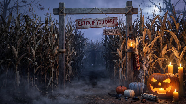 Creepy corn maze entrance with wooden enter if you dare sign surrounded by pumpkins and fog. Atmospheric Halloween harvest festival pathway for spooky autumn backgrounds