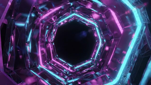 Neon Hexagonal Wireframes Rotating Gently with High Contrast Lighting and Center Negative Space