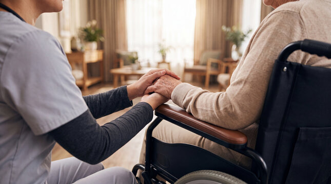 Caregiver providing comfort to senior patient sitting in wheelchair at home
