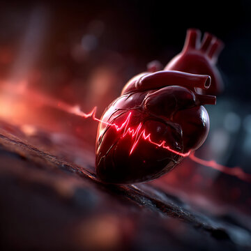 Human heart with glowing medical heartbeat monitor pulse line, cardiology