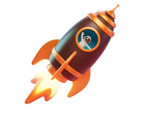 Colorful rocket ship taking off with flame