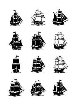 Collection of vintage sailing ship silhouettes. Black and white maritime icons of galleons and caravels.
