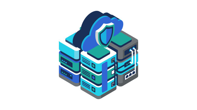 Isometric server rack with security shield icon.