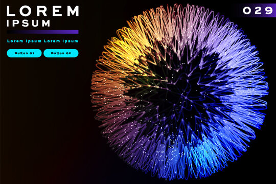 Radiant multicolor particle sphere explosion on black, futuristic gradient burst banner template with buttons for tech and science presentations.
