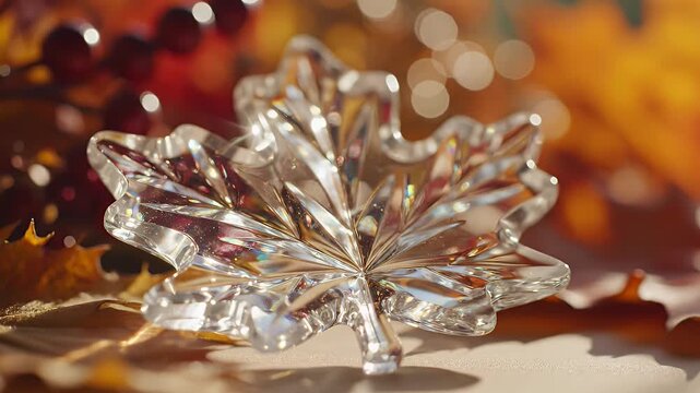 Close-up Macro Shot of a Glassy Silver Leaf Ornament Resting on Autumn Leaves