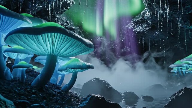 Enchanted cavern scene featuring glowing blue bioluminescent mushrooms growing on dark rocks amidst swirling magical mist with ethereal purple and green aurora lights.