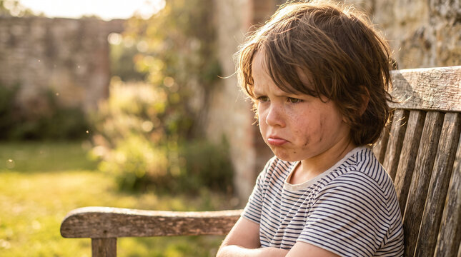 First grader pouting with an upset face while sitting outside on a wooden bench. Childhood emotional expression, school behavior, and social development concept.