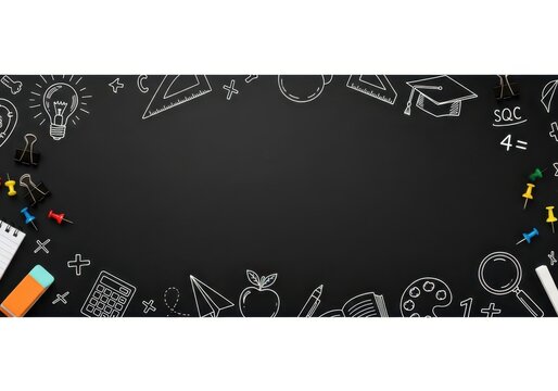 Back to School Background with Chalk Drawings and Stationery on Blackboard with Copy Space for Text
