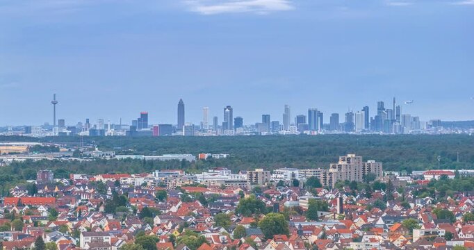 Drone timelapse of Frankfurt skyline with telephoto lens