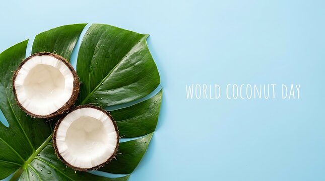 Two halves of fresh coconut on large green leaf against pastel blue background