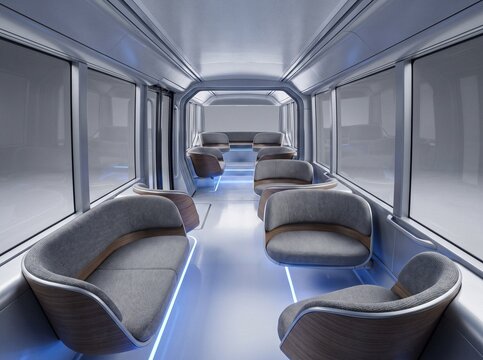 Modern autonomous pod interior with sleek gray fabric and wood panel seating