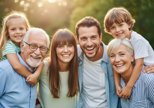 Happy Three-Generation Family Portrait Smiling Together in Sunny Outdoor Park Garden