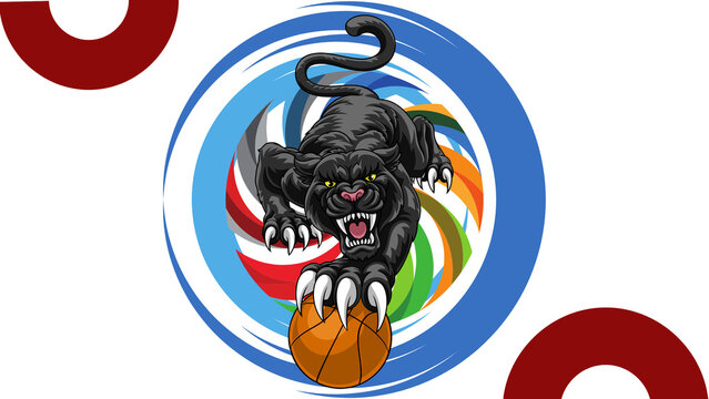Black panther mascot with sharp claws holding a basketball inside colorful swirl frame