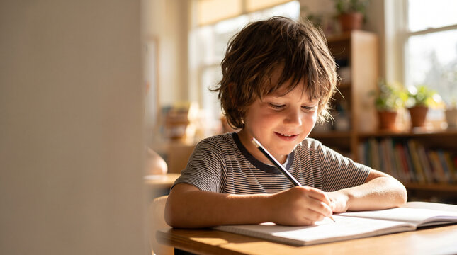 First grader sitting at desk while writing or drawing in a notebook during a lesson. Elementary classroom learning, concentration, and academic development.