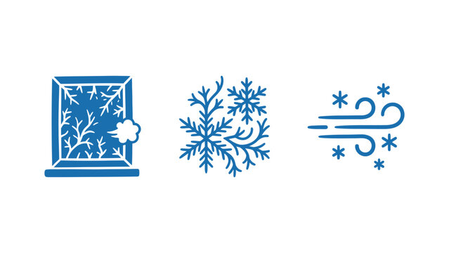 Winter weather vector icons set with frosted window snowflake and blowing cold wind