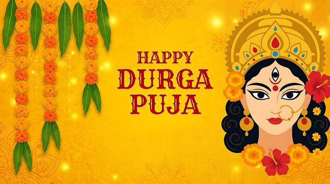 Happy durga puja festive greeting with goddess portrait and marigold garlands