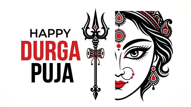 Happy durga puja greeting card with goddess face illustration and trishula
