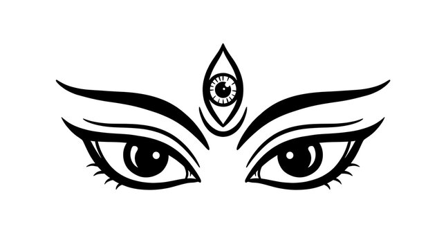 Minimalist black and white line art illustration of the third eye of goddess
