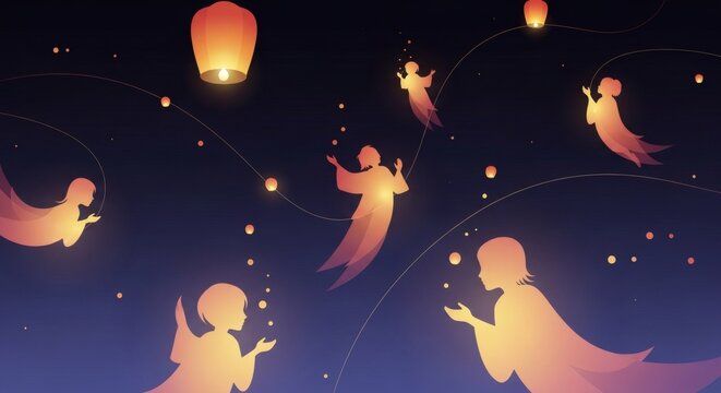 Floating Lanterns and Ancestral Spirits &ndash; Obon Festival Night Illustration for Cultural Poster Design