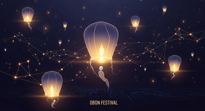 Floating Sky Lanterns with Constellation Lights &ndash; Magical Obon Festival Night Background