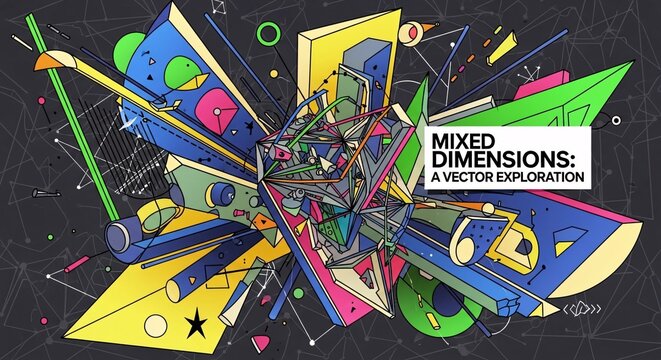 Vibrant abstract vector illustration with geometric shapes, lines, and exploded elements on a dark background, showcasing a mixed dimensions exploration.