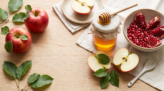 Apples honey and pomegranate flat lay with seeds and leaves on a wooden table. Traditional Rosh Hashanah holiday background for greeting cards and festive seasonal designs.