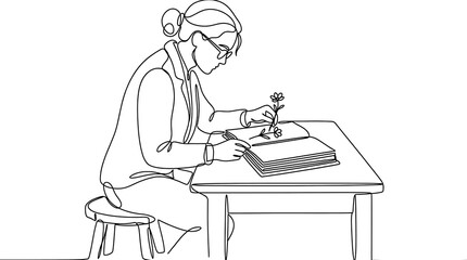 Minimalist Continuous Line Drawing of a Woman Reading at a Desk