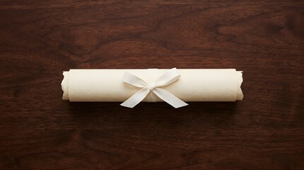 Fototapeta premium Rolled parchment paper scroll tied with white ribbon on wooden table