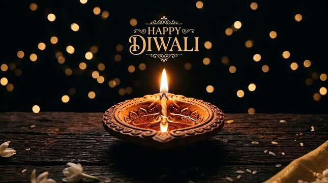 Lit diwali diya lamp on wooden surface with warm bokeh lights background