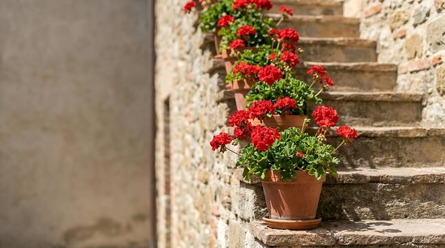 A charming staircase decorated with bright red geraniums in pots captured with selective focus adding a splash of color and life to a home's exterior in spring. staircase decorated with bright