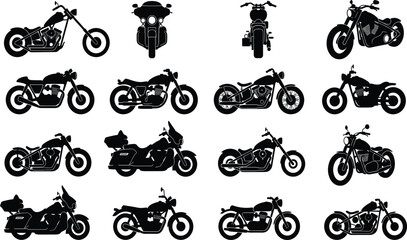 Classic and Custom Motorcycle Silhouette Icon Set Featuring Cruiser Chopper Touring Bobber and Vintage Bike Designs for Automotive and Transport Projects © MstShahrin
