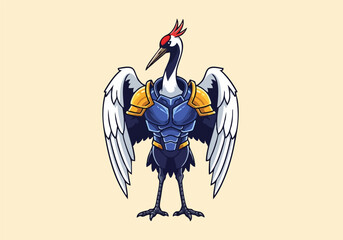 Naklejka premium Armored crane bird with wings spread wide