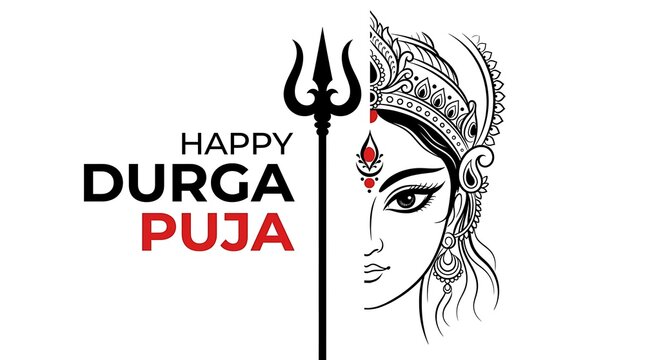 Minimalist happy durga puja greeting with goddess durga face and trident