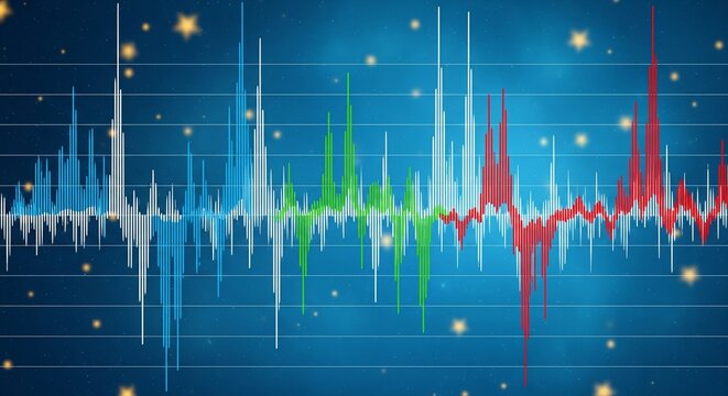 Digital Audio Waveform Visualizer with Colorful Sound Pulses on a Starry Blue Background with Grids