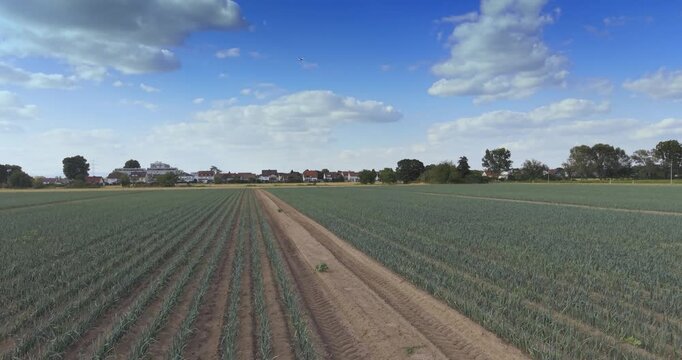 Drone ascent over farmland near Schneppenhausen Germany
