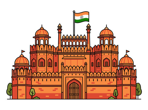 Red Fort Lal Qila Delhi landmark with Indian flag representing Indian independence day republic day architecture culture and heritage concept vector illustration isolated on white background