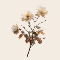 Obraz premium Delicate dried white rose branch on soft neutral background