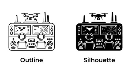 Drone Control Panel Set: A minimalist outline and silhouette illustration of a drone remote control panel, showcasing dual screen displays and joystick controls. © Ajhar234