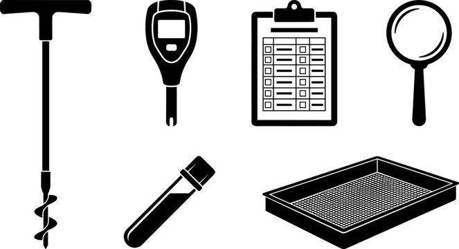 Soil Testing and Agriculture Laboratory Equipment Vector Icon Set Featuring Soil Auger Clipboard Test Tube Sieve and Digital Moisture Meter