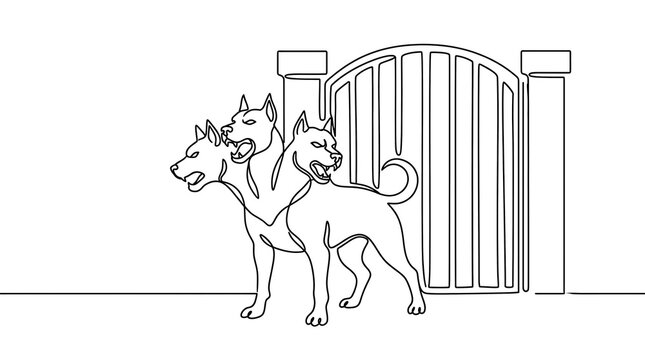One Line Drawing of Cerberus Three Headed Dog Guarding the Gate